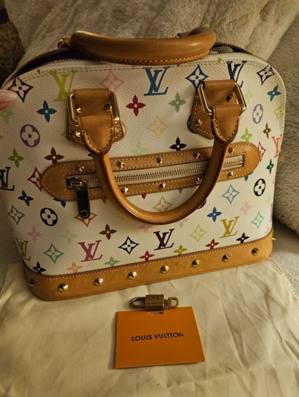 Authentic Louis Vuitton Alma Pm Multicolor Monogram White Bag With Lock & Key